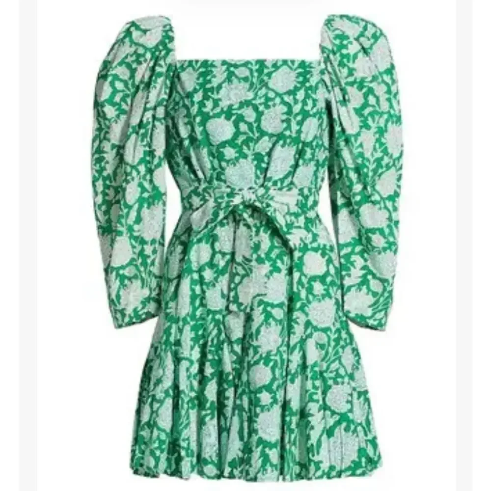 Mille Resort Anais Belted Mini Hand Block Print Dress Green Zinnia Size‎ Small - Picture 3 of 12